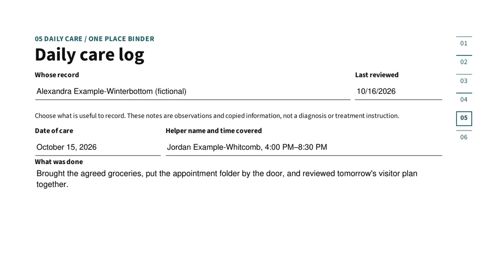 Top of page 19: Daily care log, ending with a note for the next helper