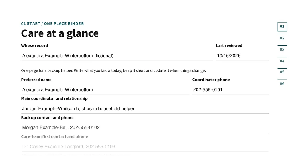 Top of page 2: Care at a glance: where a backup helper starts