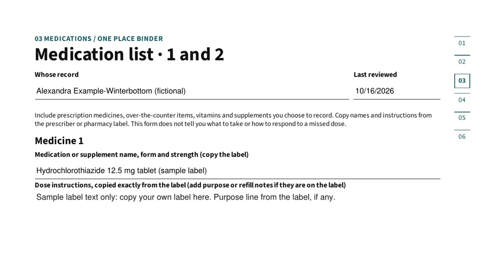 Top of page 5: Medication list, with room for long medicine names