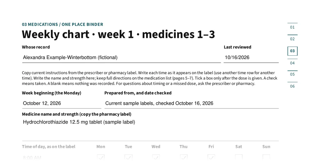 Top of page 9: Weekly chart: Monday to Sunday tick boxes
