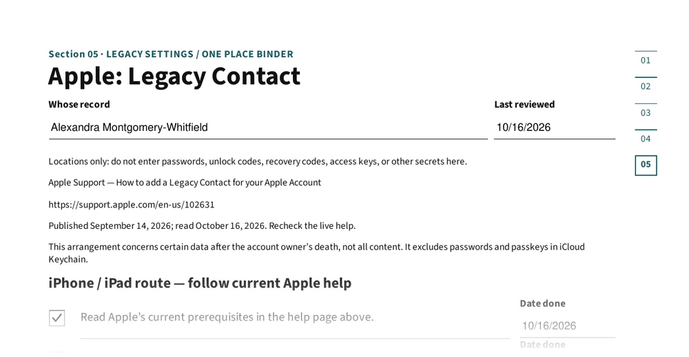 Top of page 9: Apple: Legacy Contact checklist