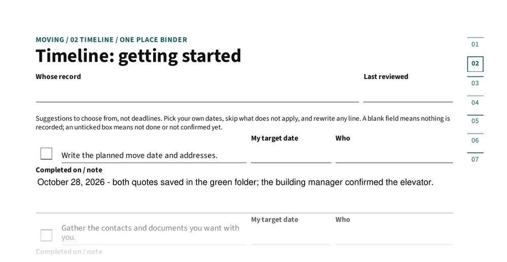 Top of page 2: Timeline: getting started