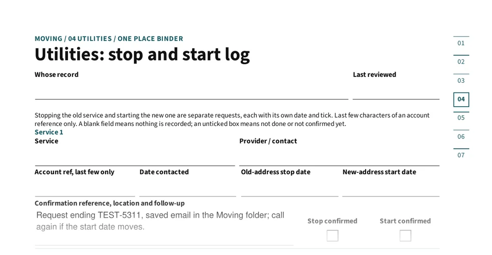 Top of page 6: Utilities: stop and start log