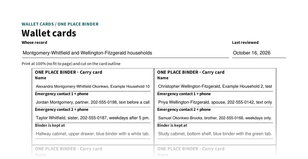 Top of page 57: Wallet cards with emergency contacts