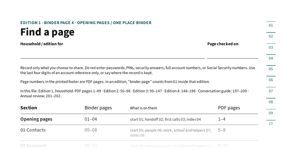 Top of page 4: Find a page: the index in every edition