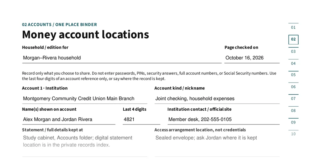 Top of page 10: Accounts: where records are kept, never full numbers