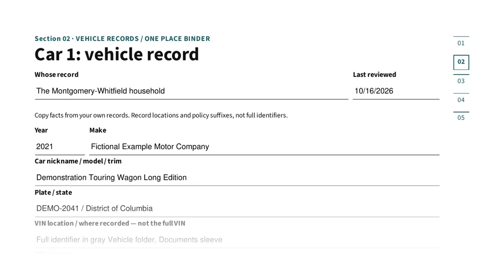 Top of page 2: Car 1: vehicle record