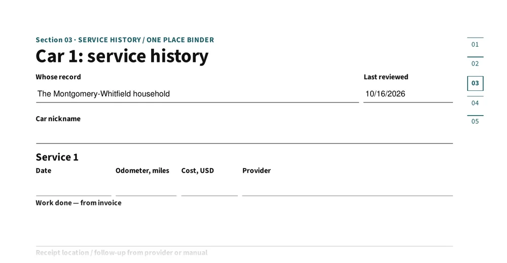 Top of page 4: Car 1: service history