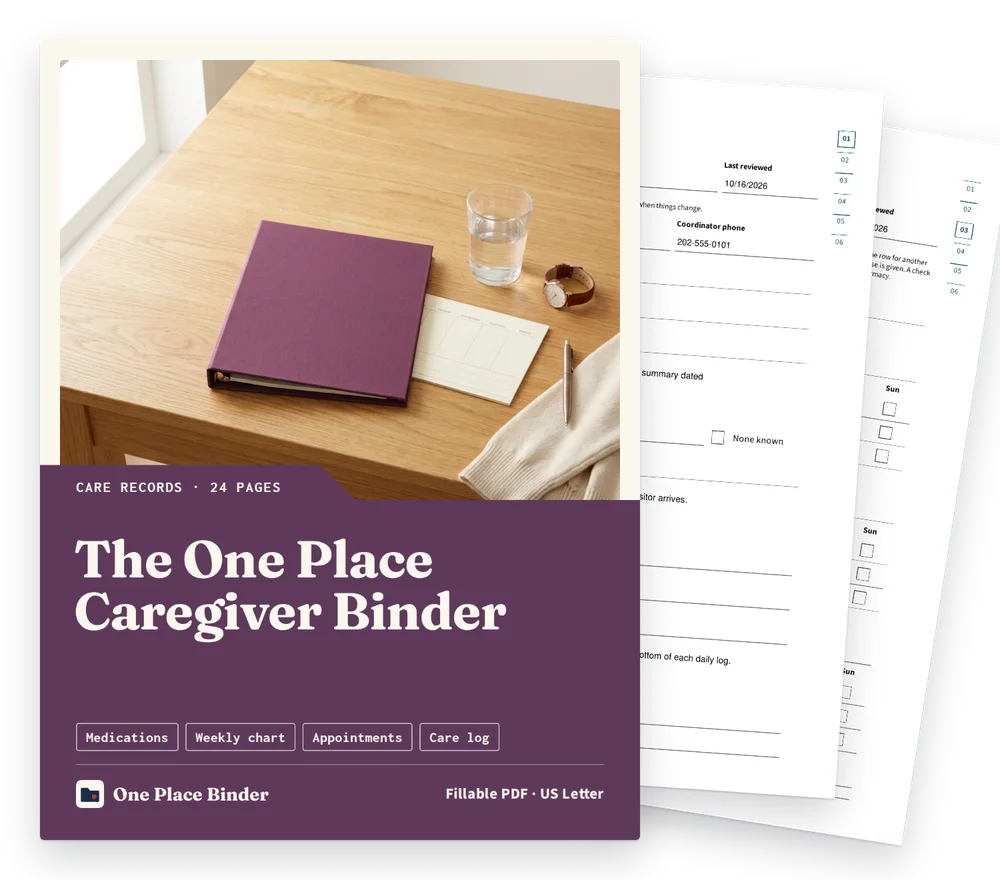 The One Place Caregiver Binder cover with two filled sample pages behind it