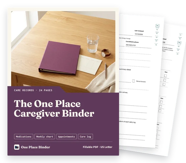 The One Place Caregiver Binder cover with two filled sample pages behind it