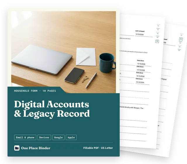 Digital Accounts & Legacy Record cover with two filled sample pages behind it
