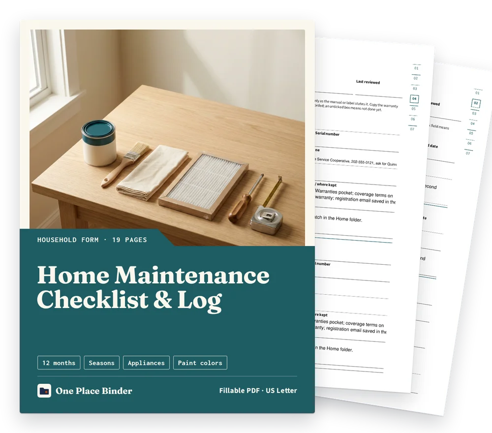 Home Maintenance Checklist & Log cover with two filled sample pages behind it