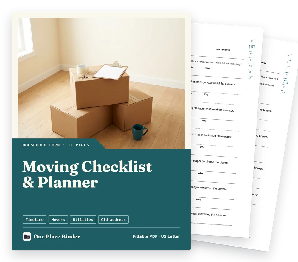 Moving Checklist & Planner cover with two filled sample pages behind it