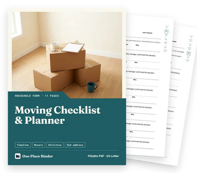 Moving Checklist & Planner cover with two filled sample pages behind it