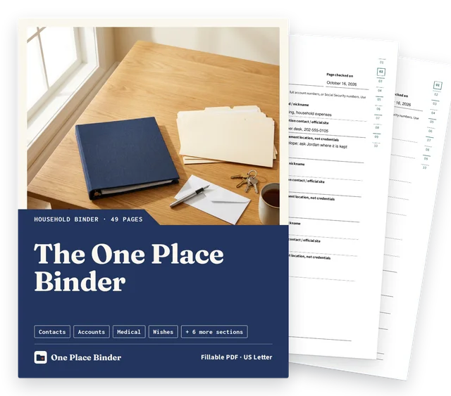 The One Place Binder cover with two filled sample pages behind it