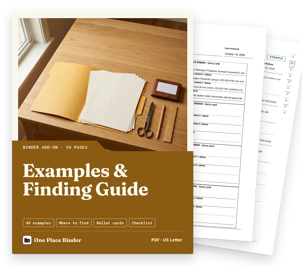 One Place Binder: Examples & Finding Guide cover with two filled sample pages behind it