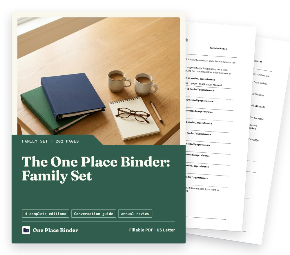 The One Place Binder: Family Set cover with two filled sample pages behind it