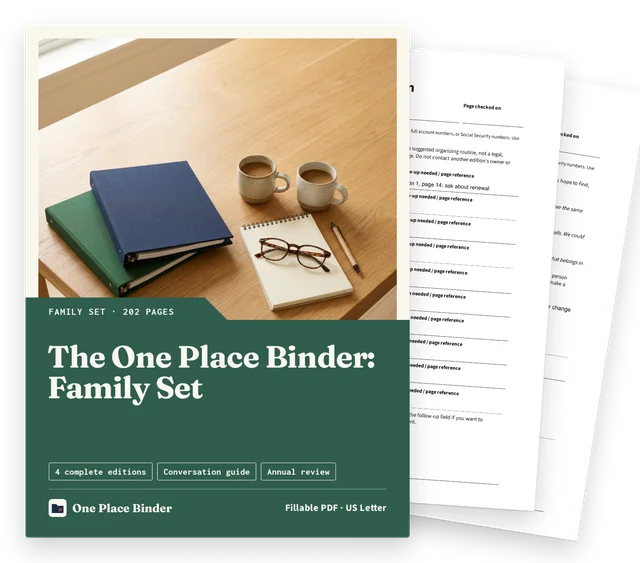 The One Place Binder: Family Set cover with two filled sample pages behind it