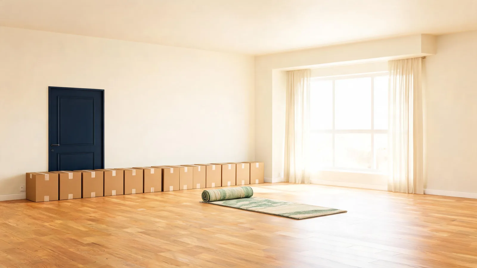 An empty apartment living room with a rolled rug and a row of boxes by the door. Illustrative generated image.