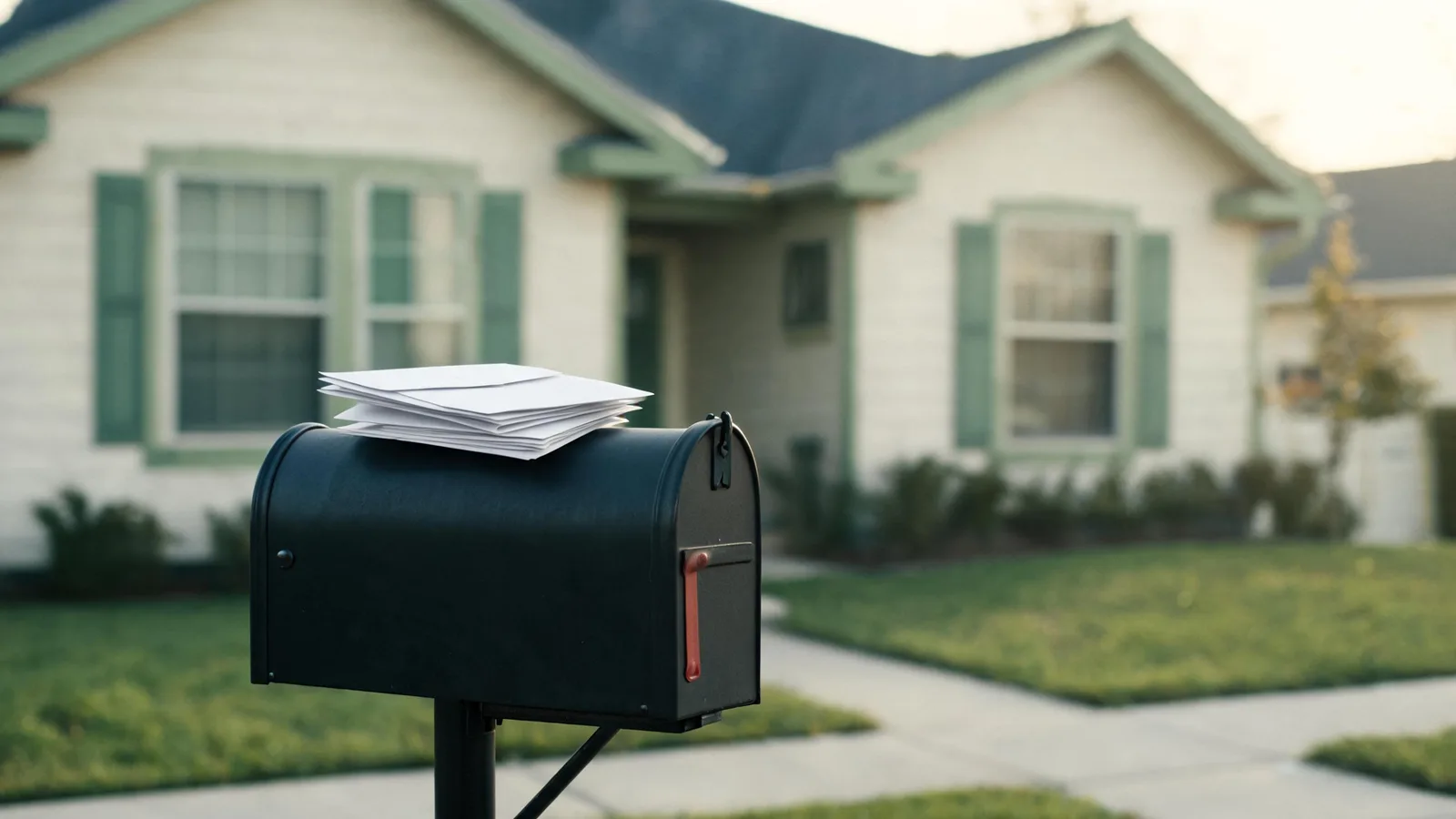 A curbside mailbox with a few blank envelopes on top in front of a house. Illustrative generated image.