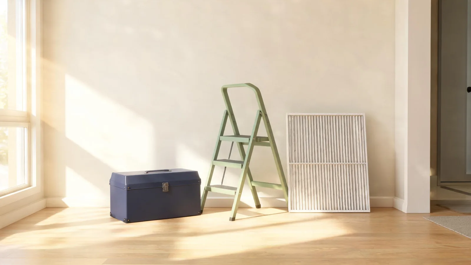 A toolbox, a step ladder and a new air filter in a bright entryway. Illustrative generated image.