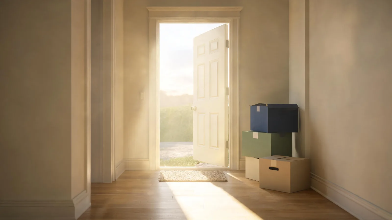An open front door seen from a sunlit hallway with a few moving boxes. Illustrative generated image.