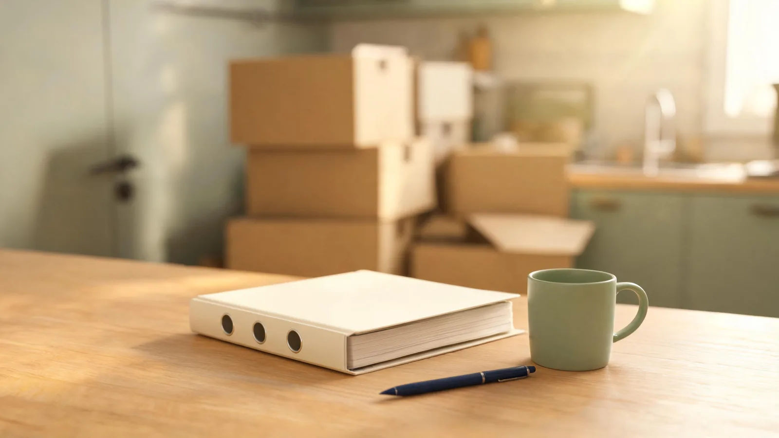 A closed cream binder, a pen and a green mug on a kitchen table with moving boxes behind. Illustrative generated image.