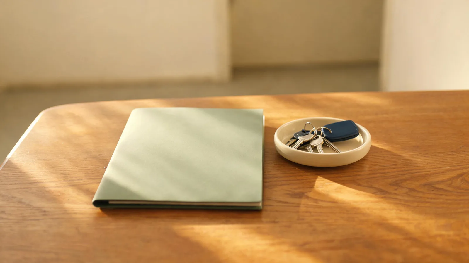 A closed sage-green binder on a hall table next to a dish of house keys. Illustrative generated image.