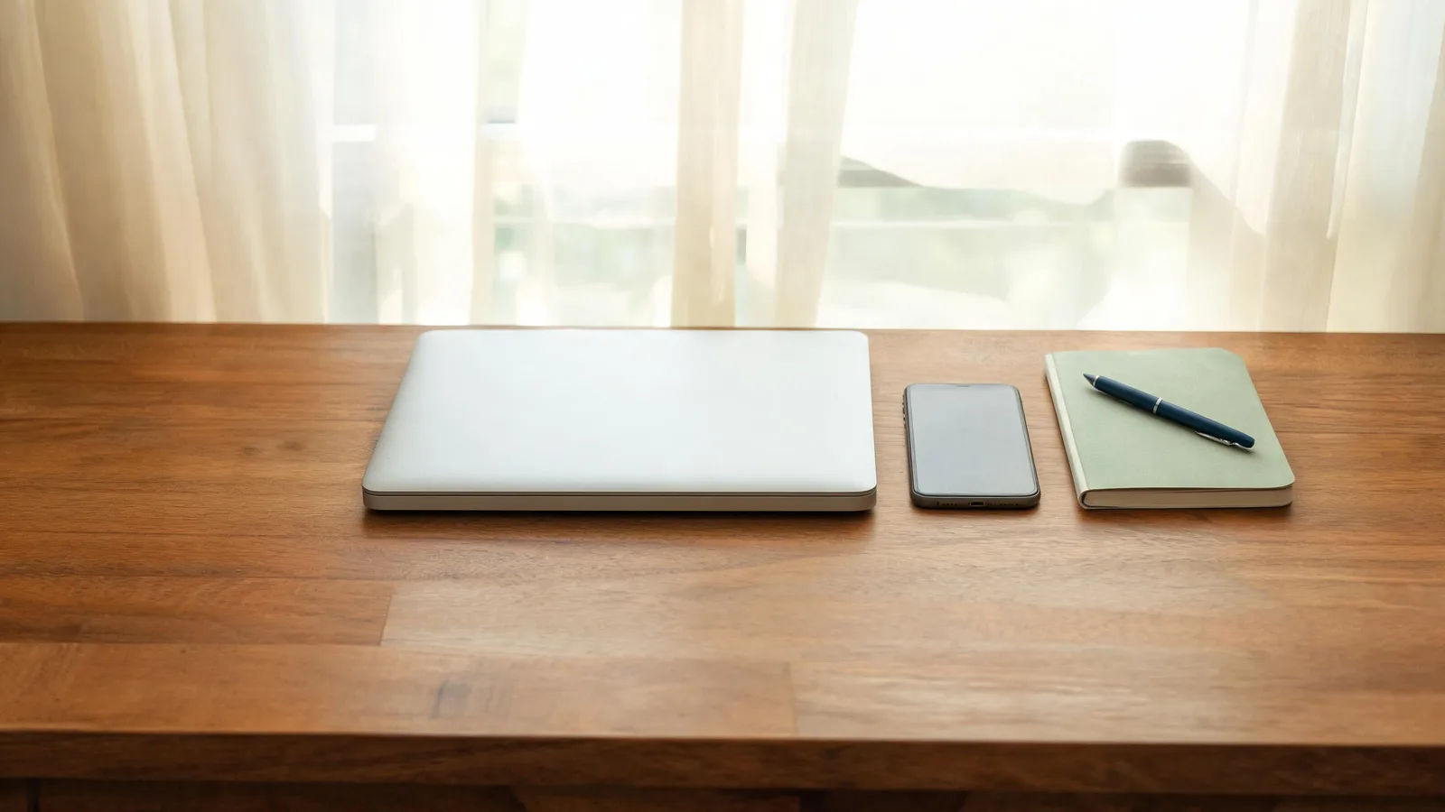 A closed laptop, a phone lying face down and a notebook on a wooden desk. Illustrative generated image.