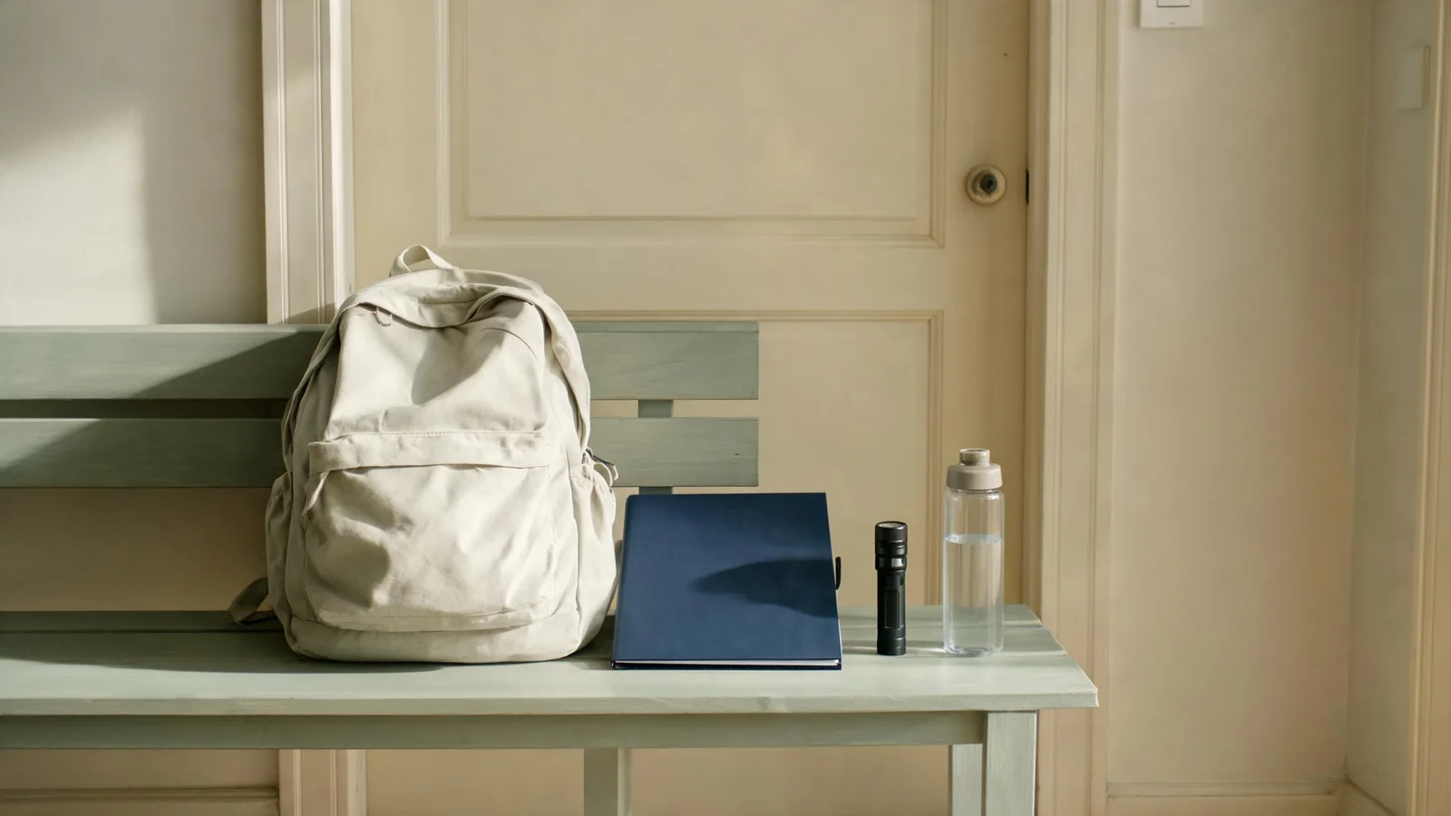 A packed backpack, a navy binder, a flashlight and a water bottle on a bench by a door. Illustrative generated image.