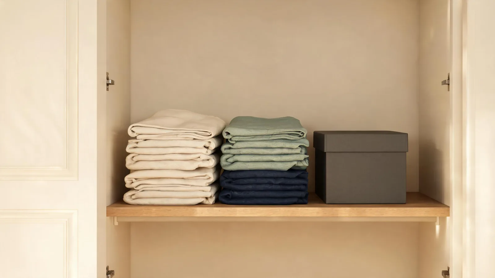 A small grey document box on a closet shelf beside folded linens. Illustrative generated image.