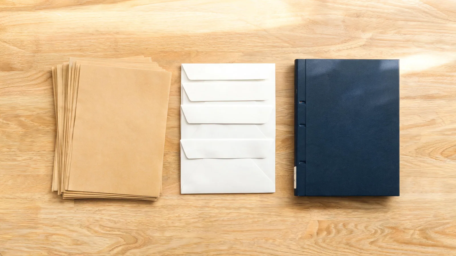 Plain folders, blank envelopes and a navy binder laid out on an oak desk. Illustrative generated image.