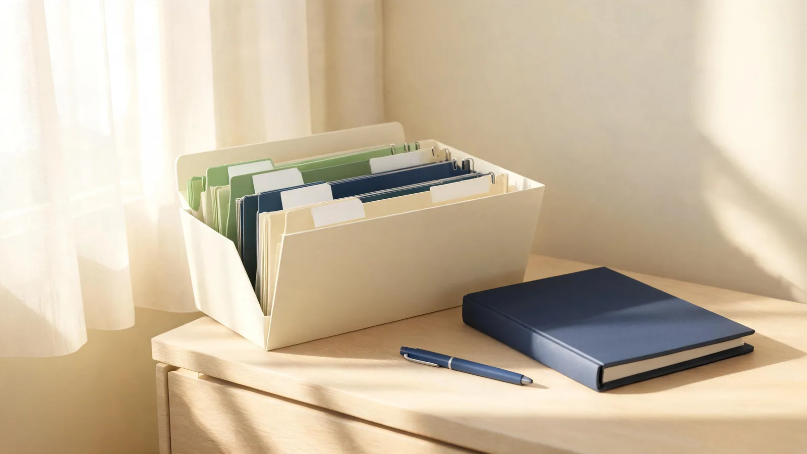 A file box of plain colored folders and a closed navy binder on a desk. Illustrative generated image.