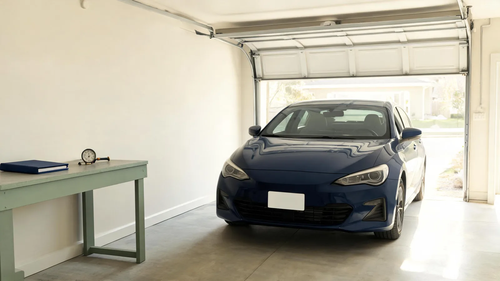 A car parked in a clean garage beside a workbench with a closed binder. Illustrative generated image.