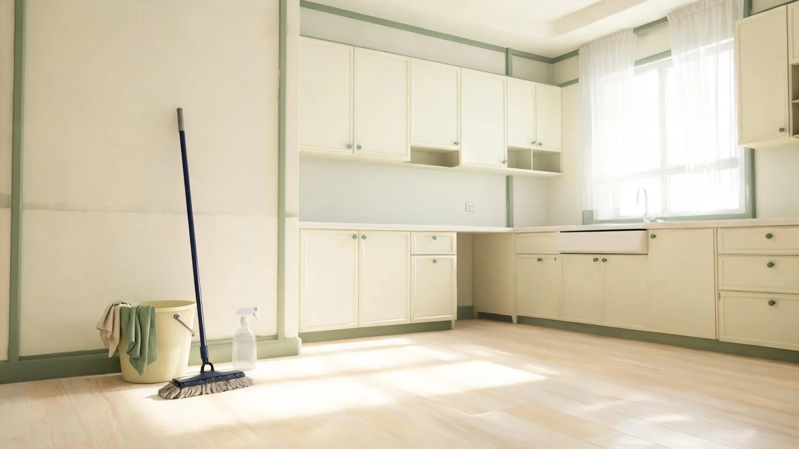 An empty, clean apartment kitchen with a bucket, cloths and a mop by the wall. Illustrative generated image.