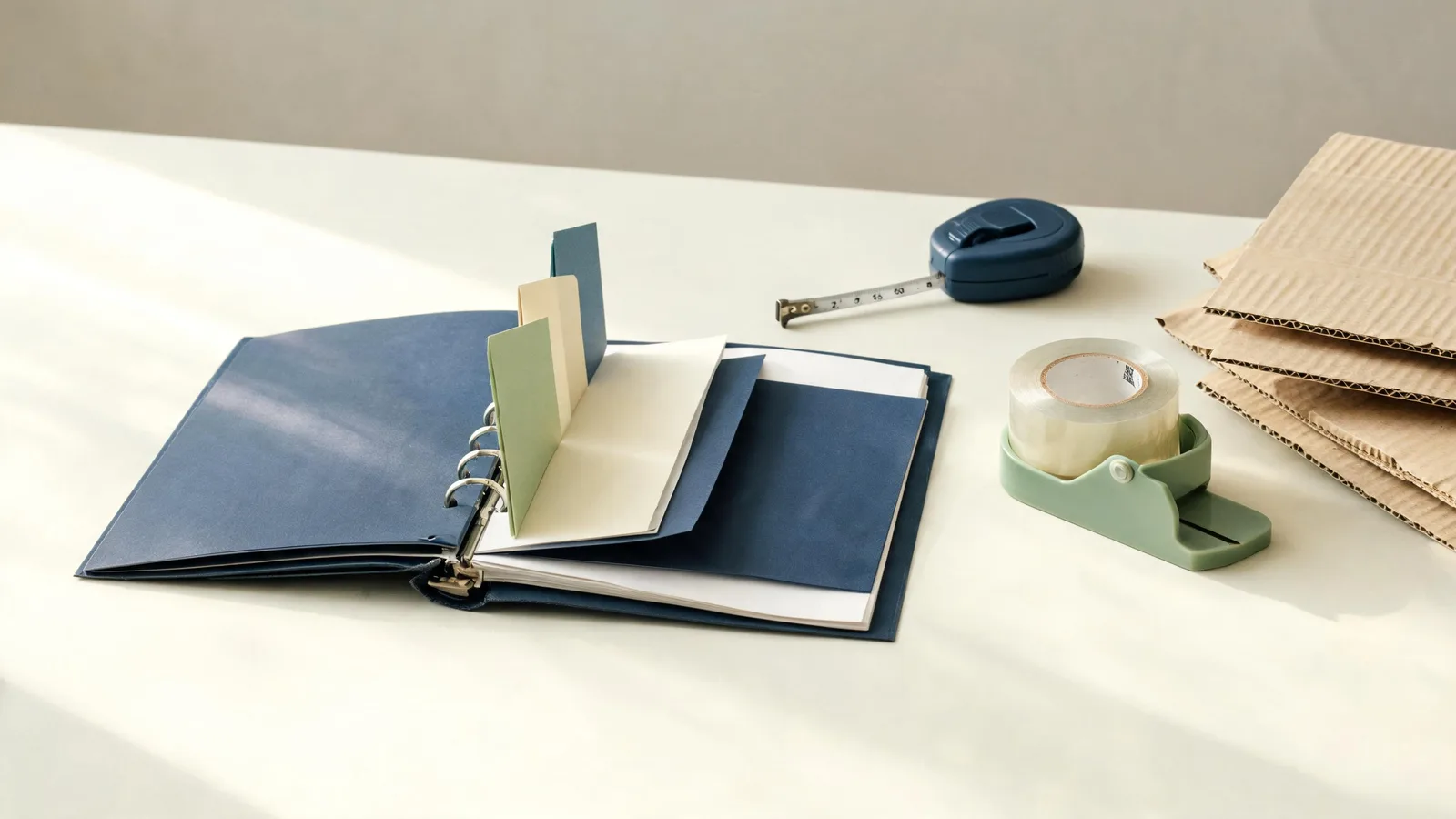 An open ring binder with blank tab dividers next to a tape measure and packing tape. Illustrative generated image.
