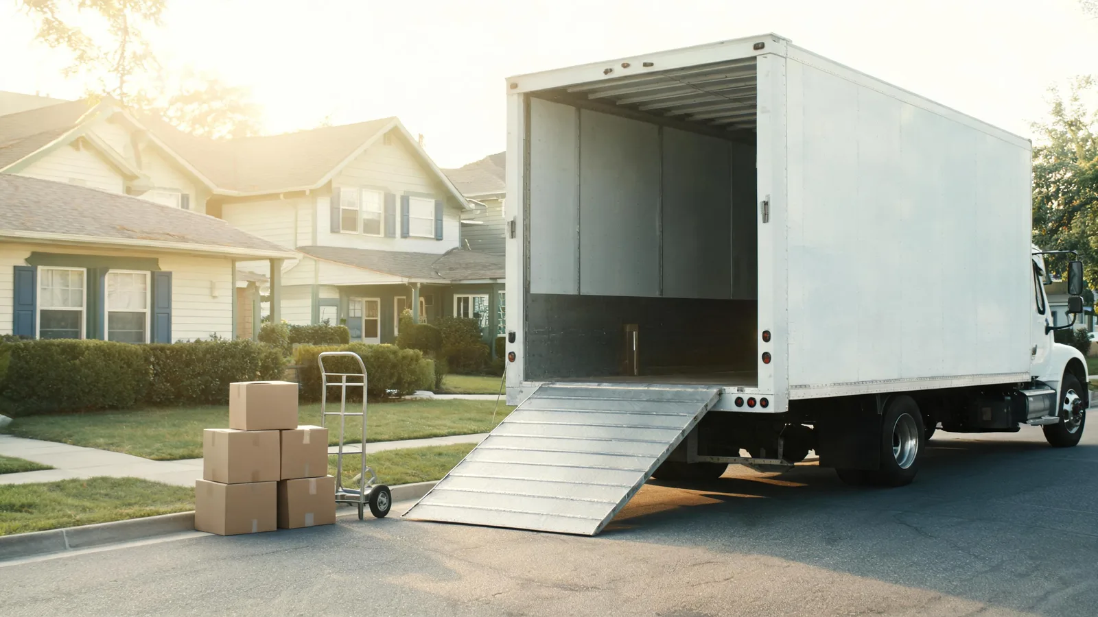 A moving truck with its ramp down beside stacked boxes and a hand dolly. Illustrative generated image.