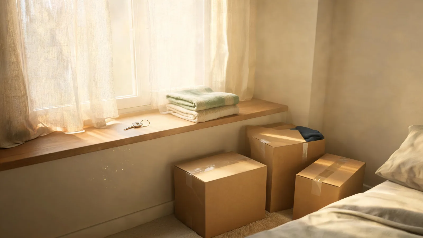 A half-packed bedroom with taped boxes and a single key on the windowsill. Illustrative generated image.