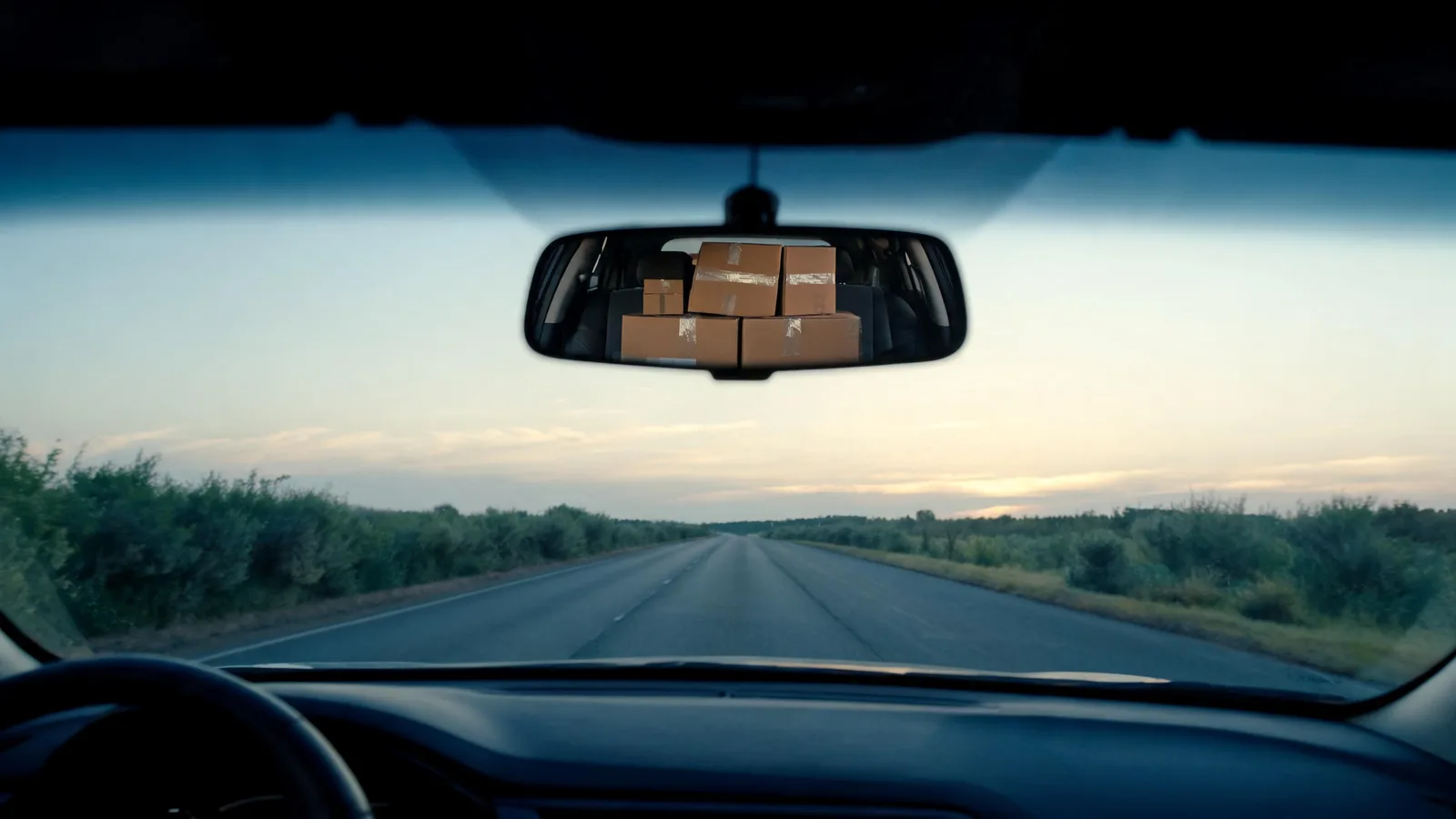 An open highway at dawn seen through a car windshield, boxes reflected in the mirror. Illustrative generated image.