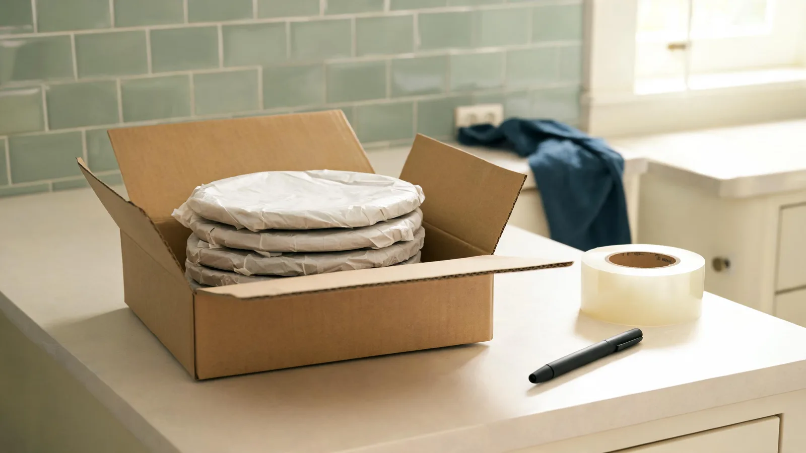 An open box of paper-wrapped plates on a kitchen counter with tape and a marker. Illustrative generated image.
